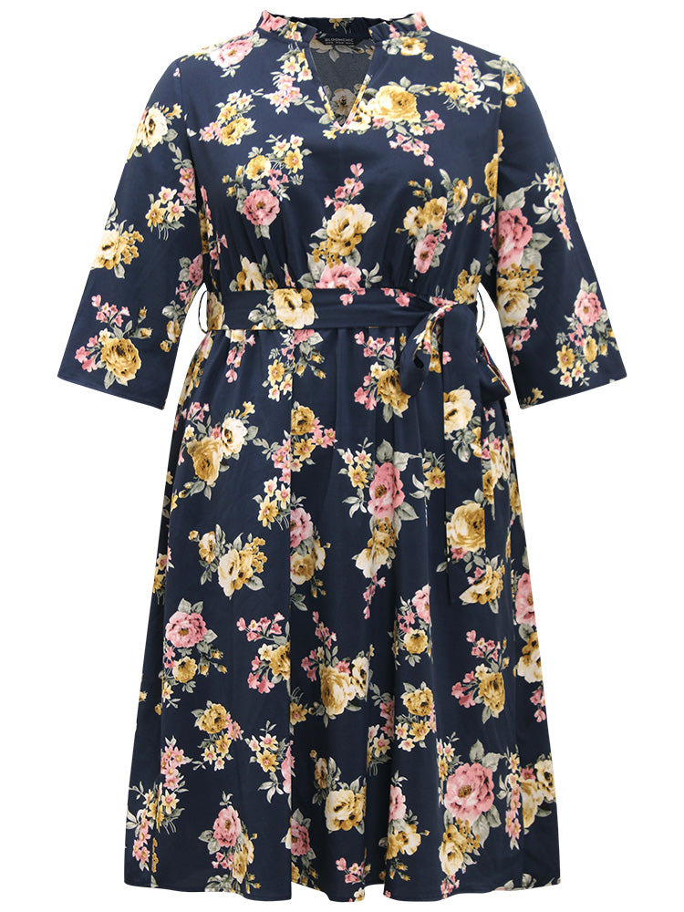 Floral Print Frill Trim Belted Pocket Dress