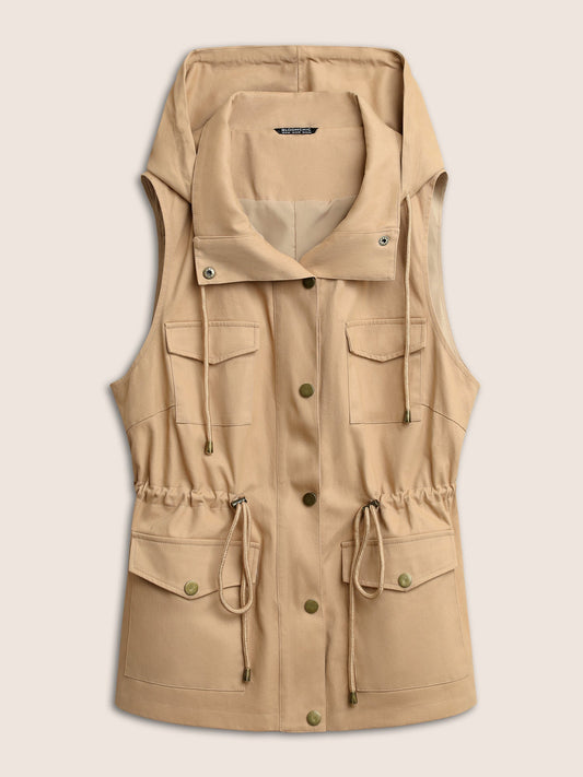 Solid Hooded Patched Pocket Drawstring Vest