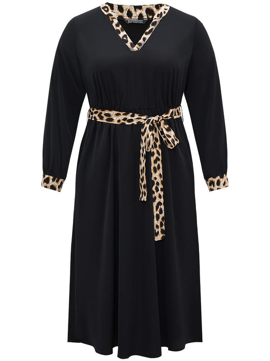 Leopard Patchwork Pocket Belted Notched Dress