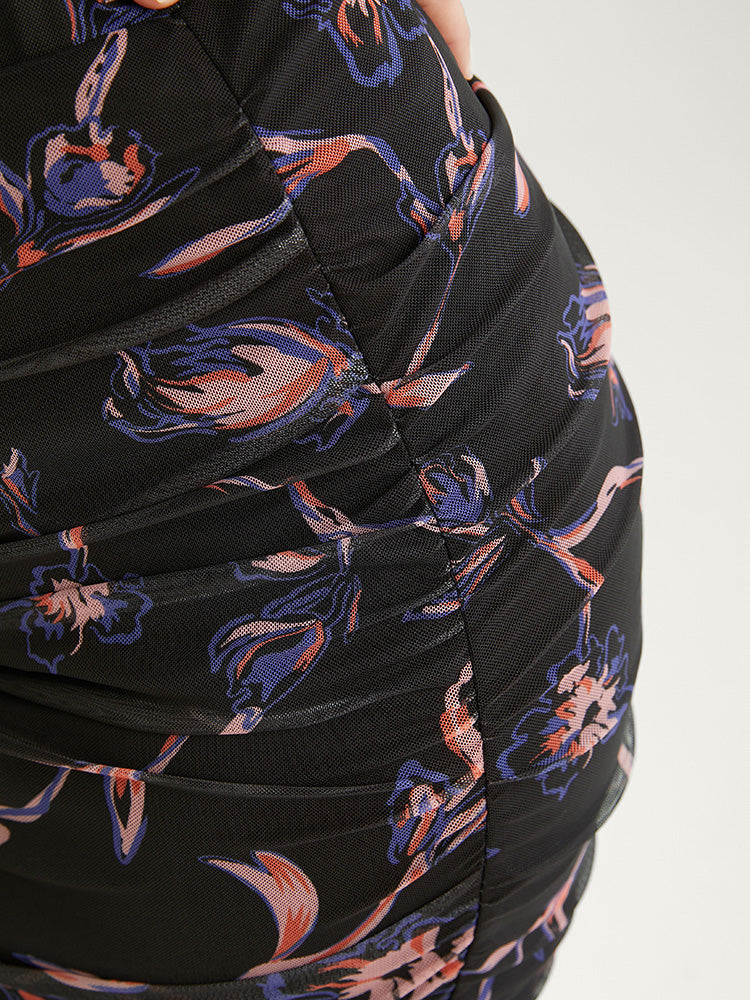 Floral Print Super Stretchy Ruched Elastic Waist Skirt