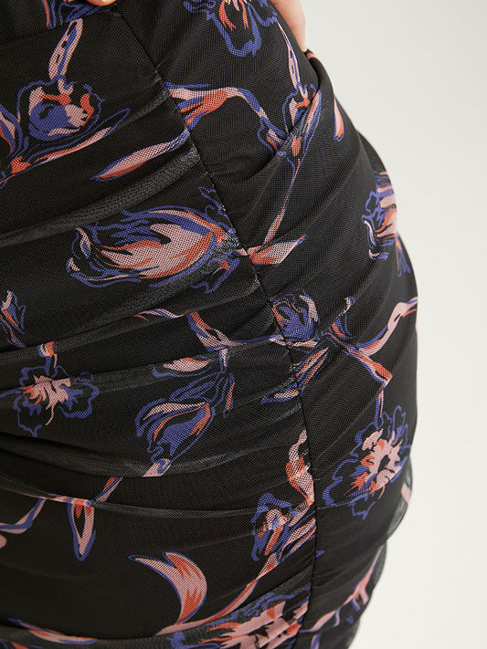 Floral Print Super Stretchy Ruched Elastic Waist Skirt