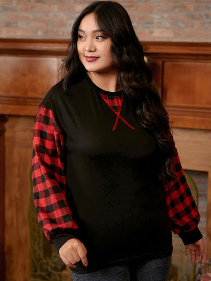 Plaid Sleeve Casual T-shirt