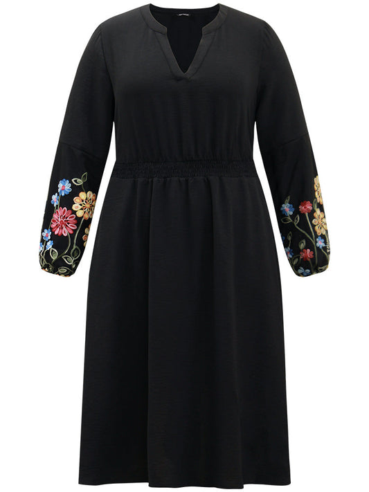 Floral Embroidered Notched Midi Dress