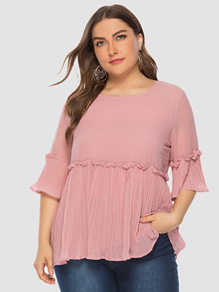 Pleated Hem Solid Color Chiffon T-shirt