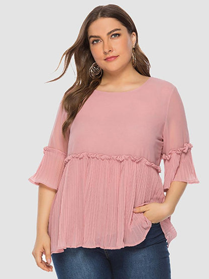 Pleated Hem Solid Color Chiffon T-shirt