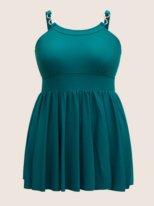 Solid Buckle Detail Gathered Swim Dress