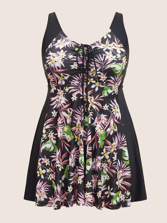 Tropical Print Patchwork Drawstring Swim Dress