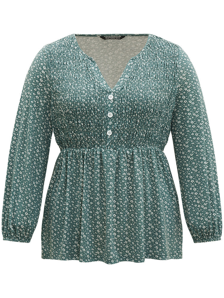 Ditsy Floral Shirred Button Detail Lantern Sleeve T-shirt