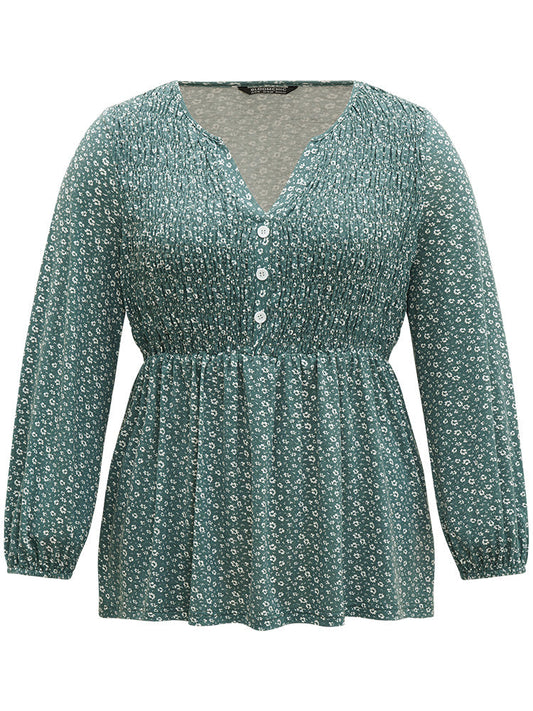 Ditsy Floral Shirred Button Detail Lantern Sleeve T-shirt