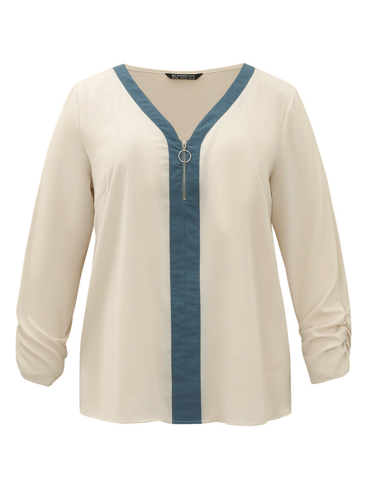 Anti-Wrinkle Half Zip Gathered Contrast Trim Blouse