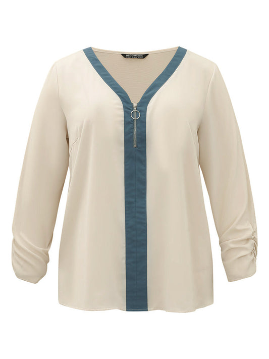 Anti-Wrinkle Half Zip Gathered Contrast Trim Blouse