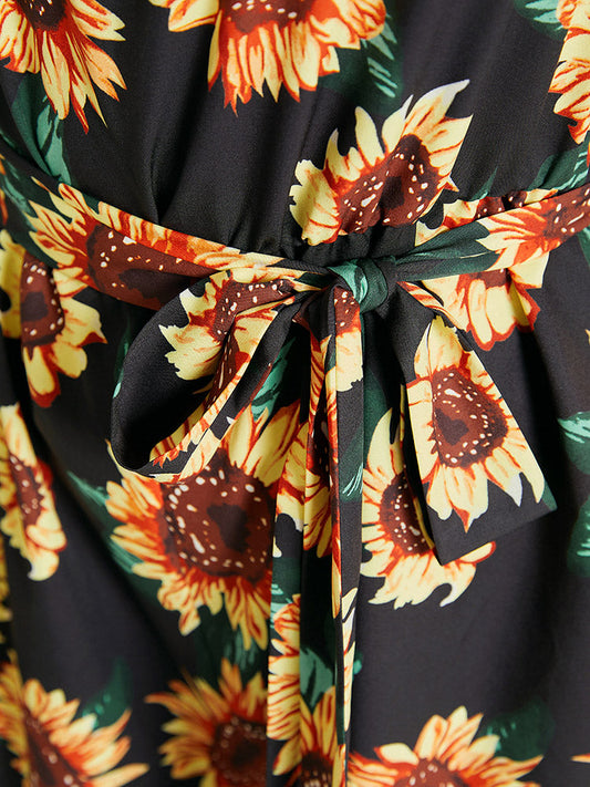 Sunflower Print Pocket Belted Tassel Trim  Jumpsuit