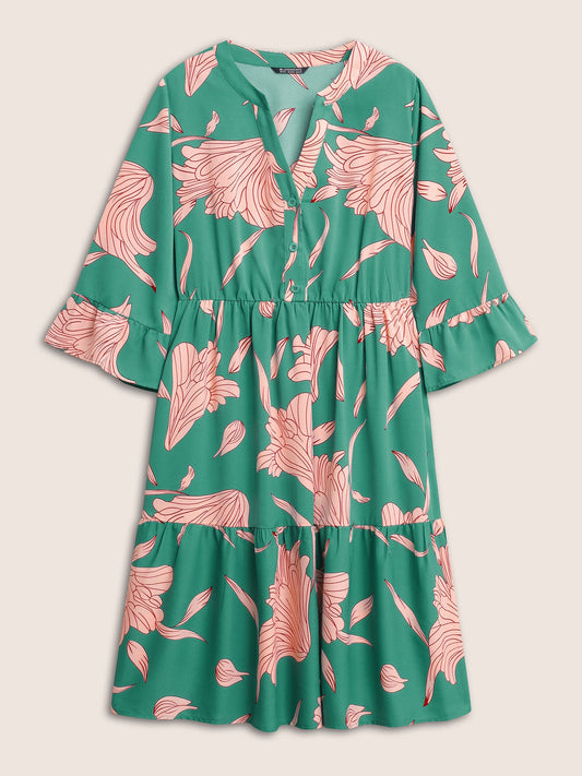 Floral Notched Button Up Patchwork Ruffles Dress