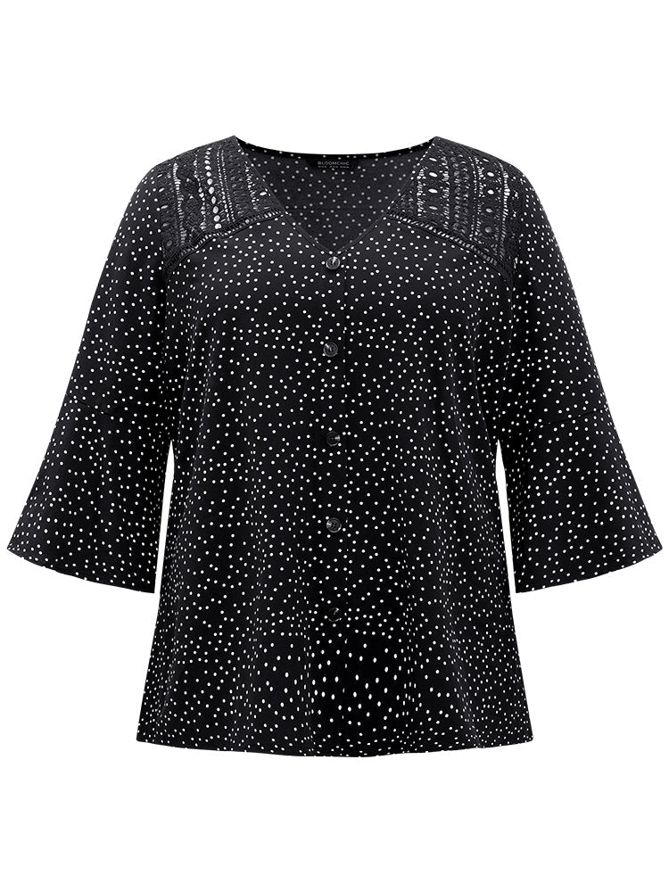 Polka Dot Crochet Lace Button Detail Blouse