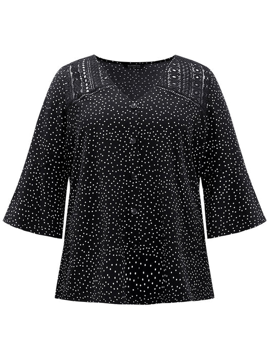 Polka Dot Crochet Lace Button Detail Blouse