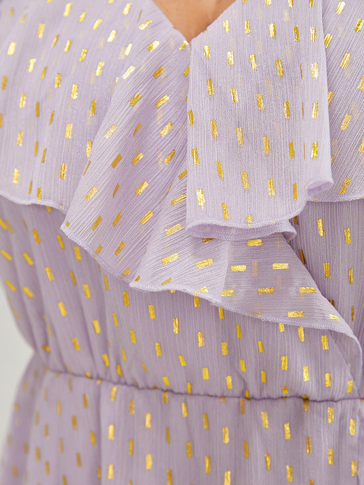 Geometric Ruffle Trim Cold Shoulder Pocket Wrap Asymmetrical Dress