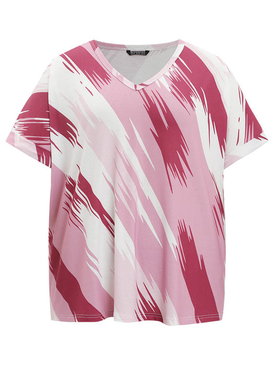 Brush Print Contrast Batwing Sleeve Ombre T-shirt