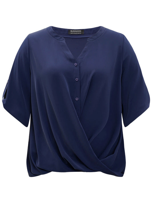 Solid Button Up Notched Crossover Hem Blouse