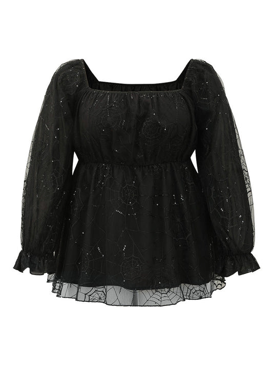 Halloween Square Neck Spider Web Crochet Lace Mesh Blouse