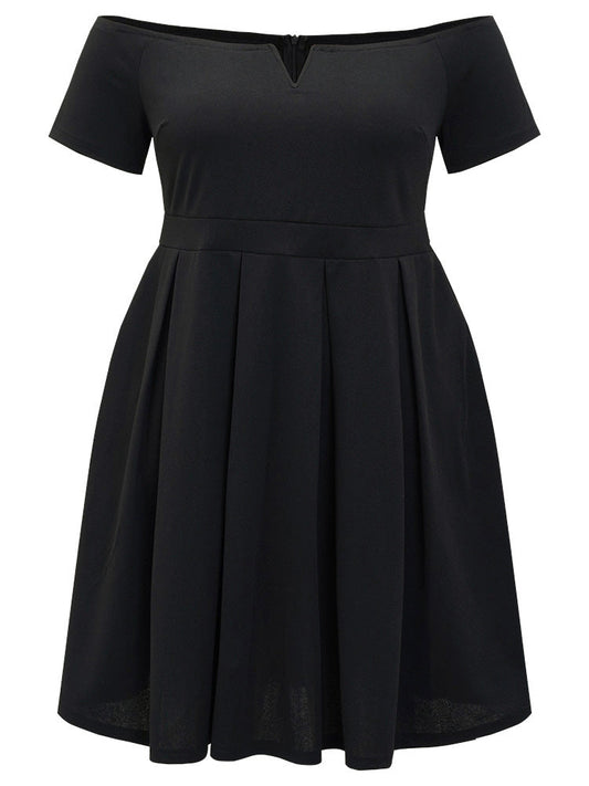 Plain Plicated Detail Pocket Notched Off Shoulder Dress