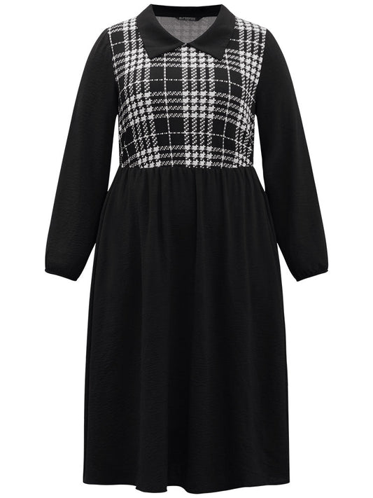 Plaid Patchwork Lapel Collar Pocket Dress