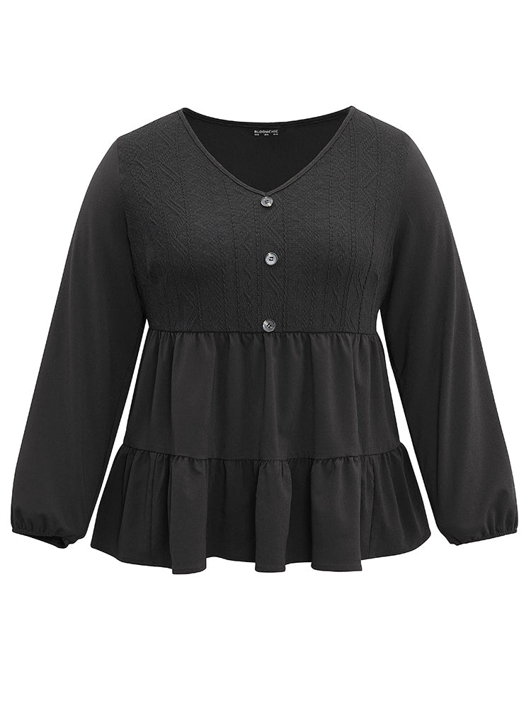 Solid Textured Button Detail Ruffle Layered Hem Blouse