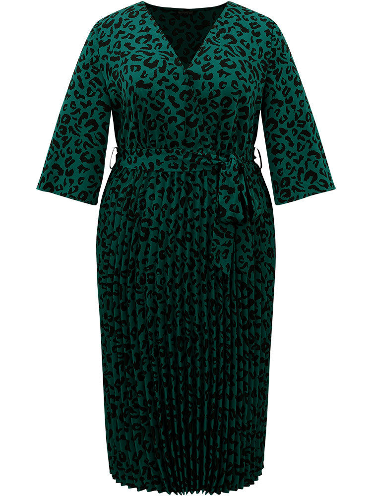 Leopard Wrap Elastic Waist Pleated Belted Dress