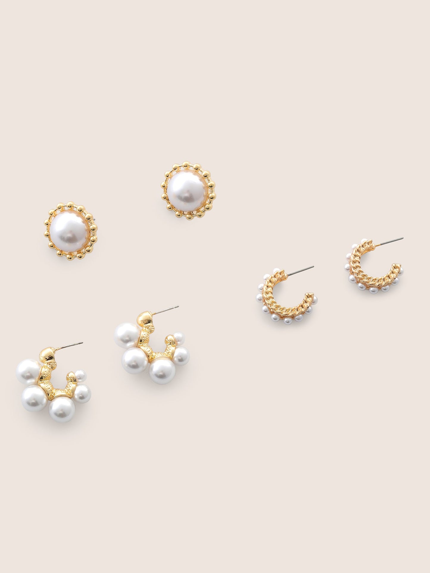 3 Pairs Pearl Beaded Metallic Decor Earrings