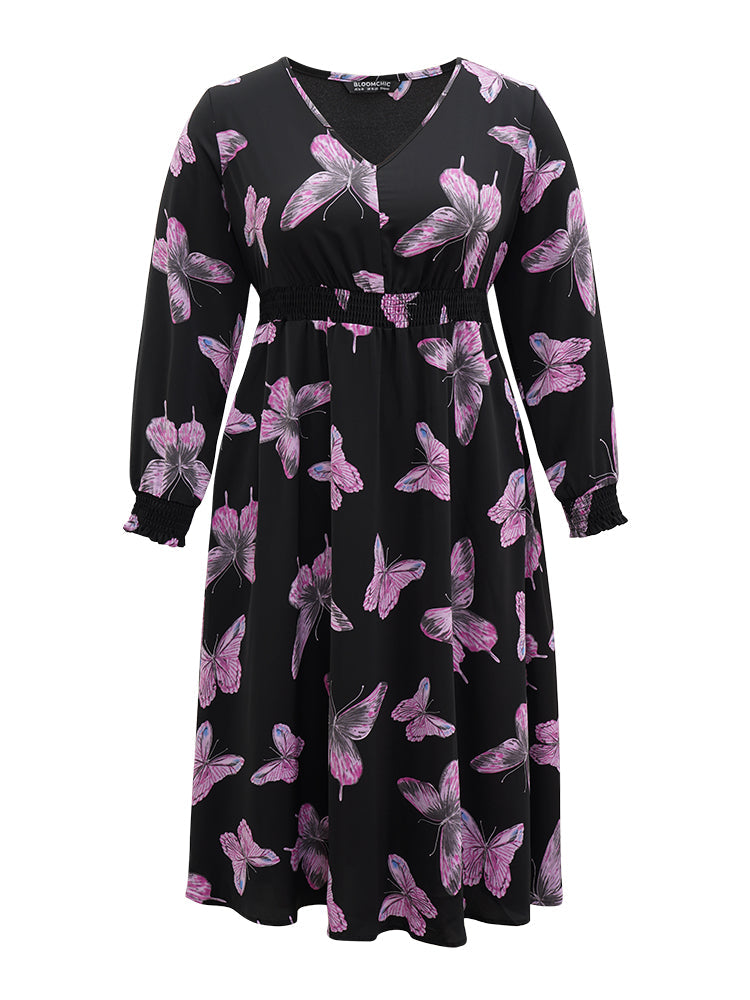 Butterfly Print Pocket Shirred Cuffs Dress