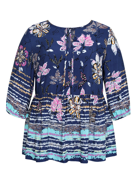 Floral Lantern Sleeve Tie Neck Gathered Blouse