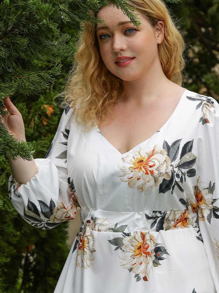 V-neck Floral White Dress