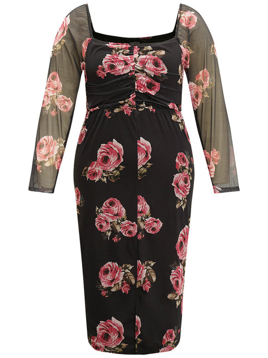 Floral Mesh Patchwork Ruched Square Neck Split Hem Dress