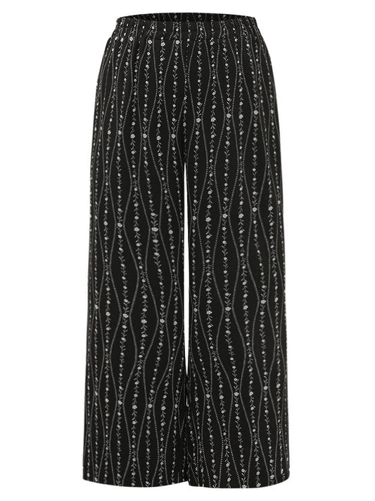 Striped Ditsy Floral Elastic Waist Pants