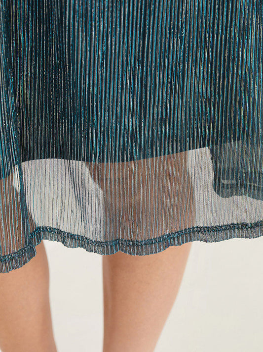 Glitter Mesh Pocket Sleeveless Flutter Hem Tank Dress