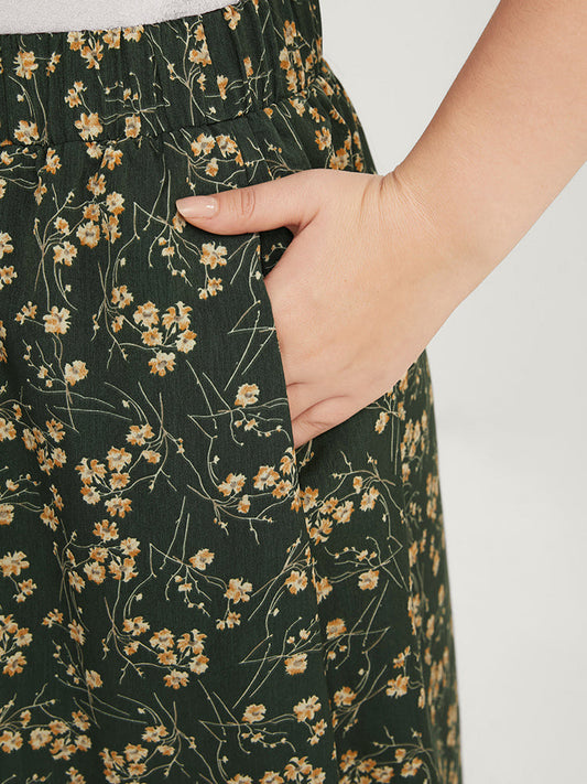 Ditsy Floral Ruffles Pocket High Low Hem Skirt