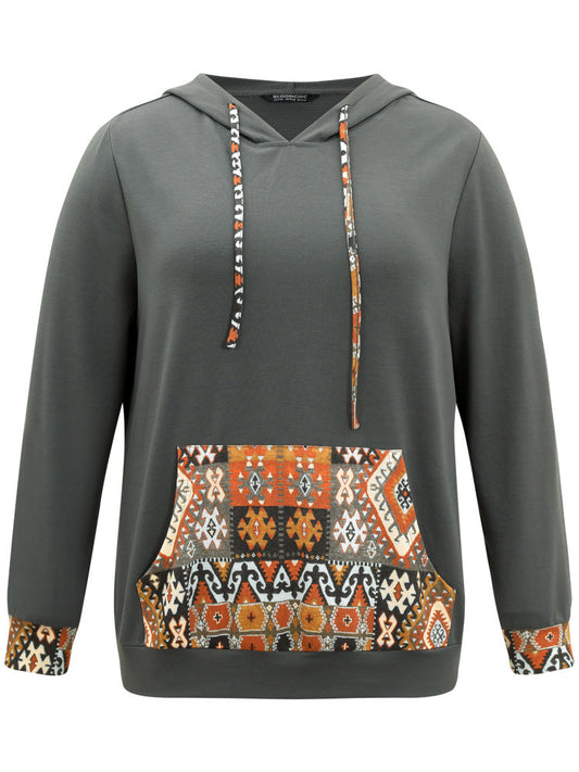 Bandana Patchwork Hooded Pocket Drawstring Sweatshirt