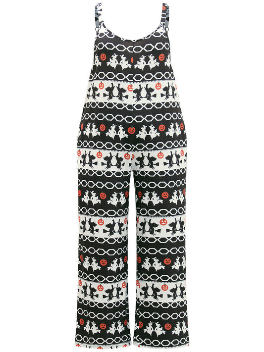 Halloween Witch & Pumpkin Pattern Striped Jumpsuit