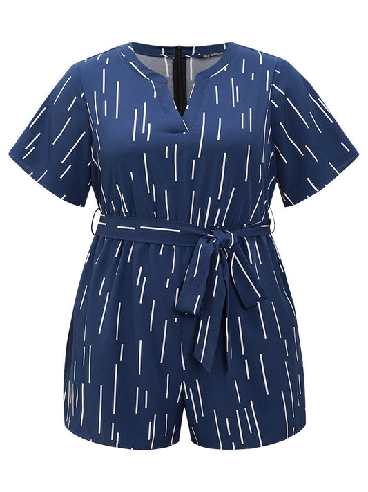 Geometric Print Belt Notched Neck Romper