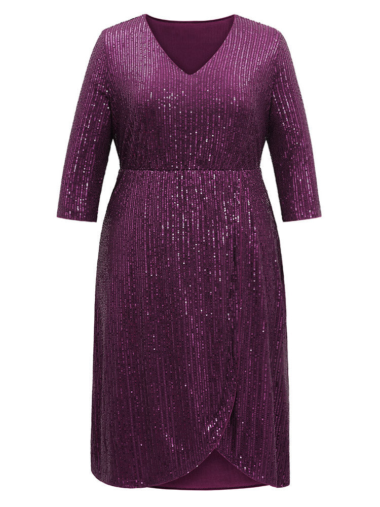 Solid Sequin Wrap Hem Elastic Waist Dress