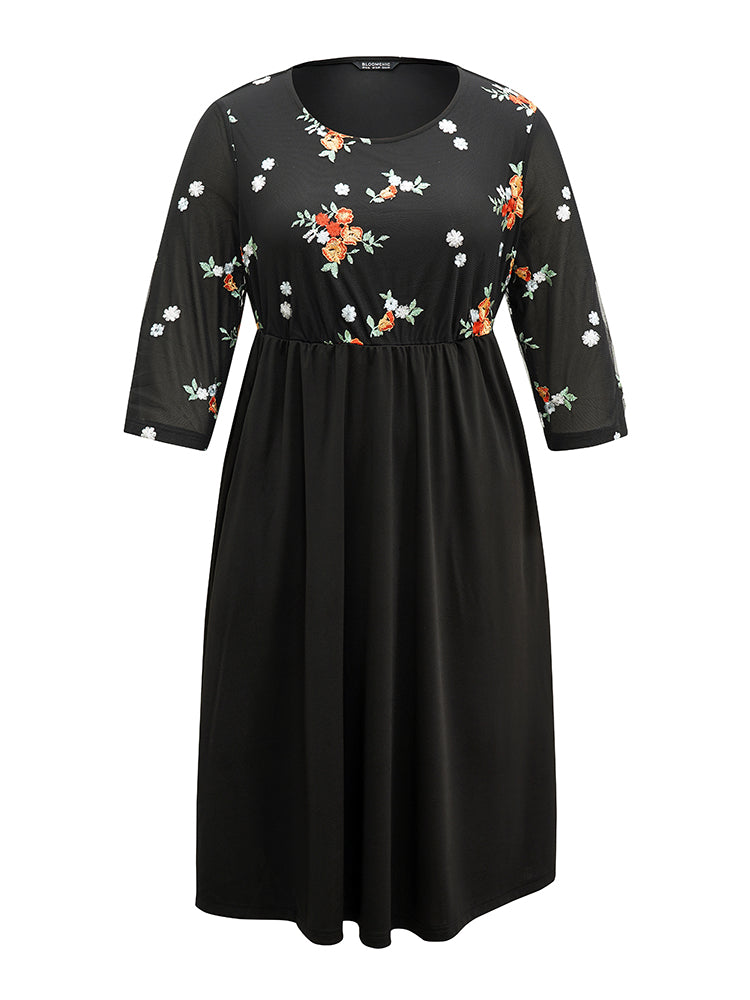 Floral Embroidered Mesh Patchwork Elastic Waist Dress