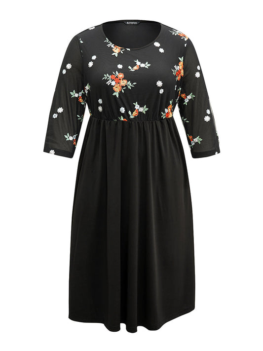 Floral Embroidered Mesh Patchwork Elastic Waist Dress