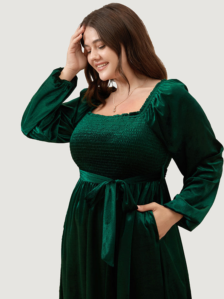 Solid Lantern Sleeve Pocket Velvet Shirred Square Neck Belted Dress