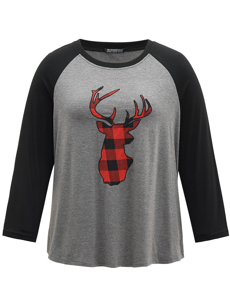 Elk & Plaid Embroidered Patchwork Sleep Top