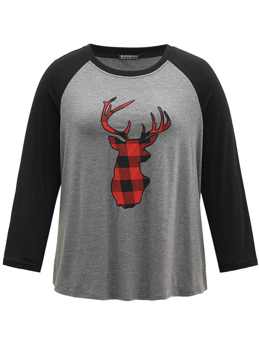 Elk & Plaid Embroidered Patchwork Sleep Top