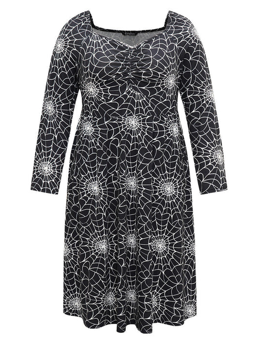 Halloween Spider Web Pocket Square Neck Dress