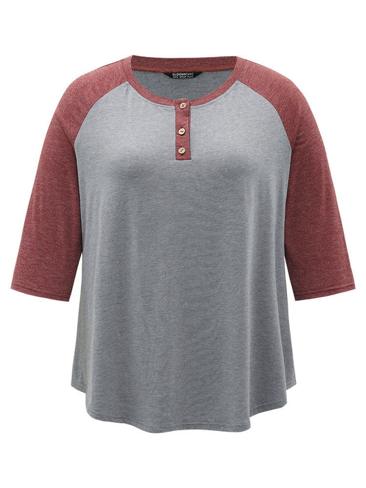 Two Tone Button Up Raglan Sleeve T-shirt