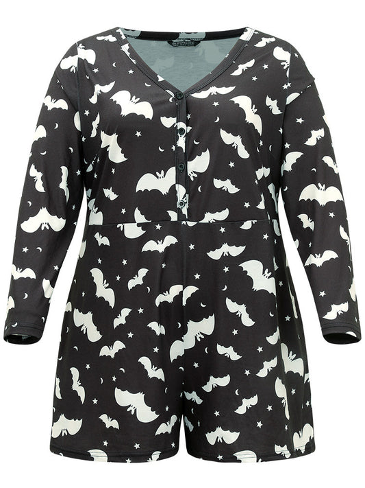 Halloween Bat Print Pocket Button Up Sleep Jumpsuit