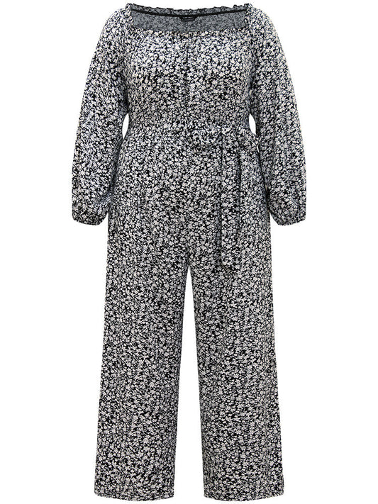 Ditsy Floral Off Shoulder Pocket Belted Jumpsuit