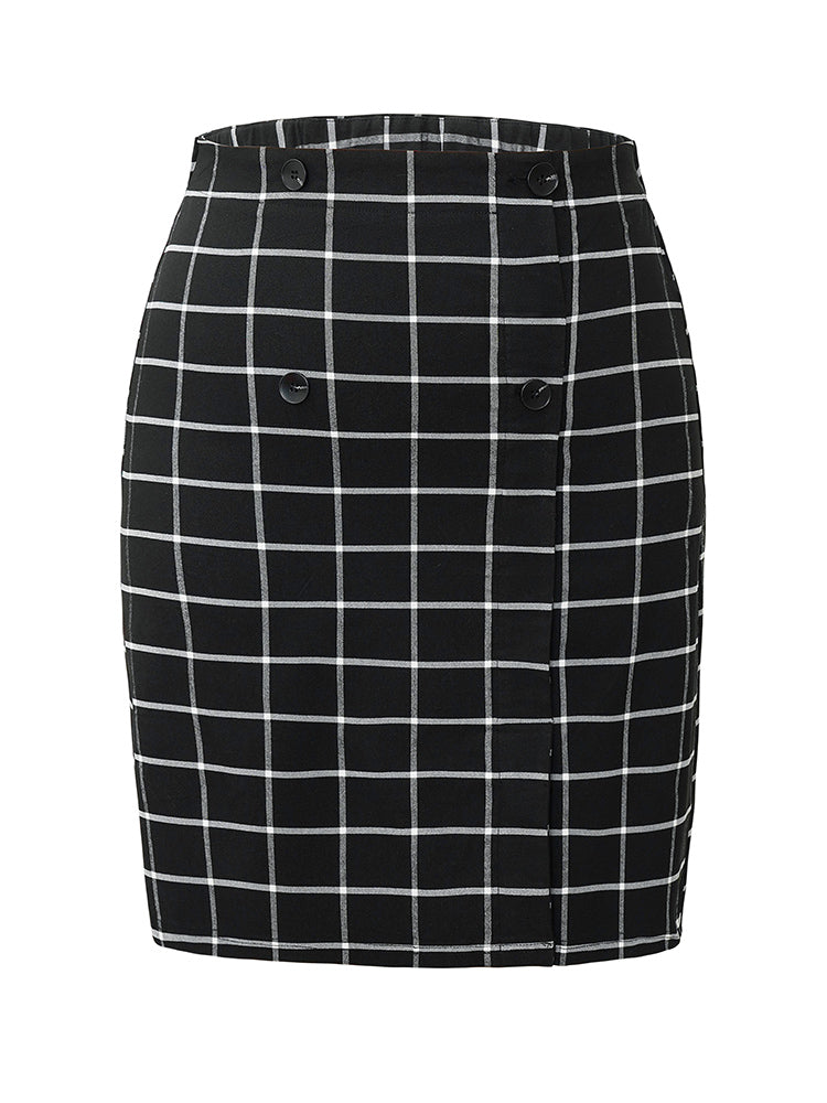 Plaid Button Detail Elastic Waist Skirt