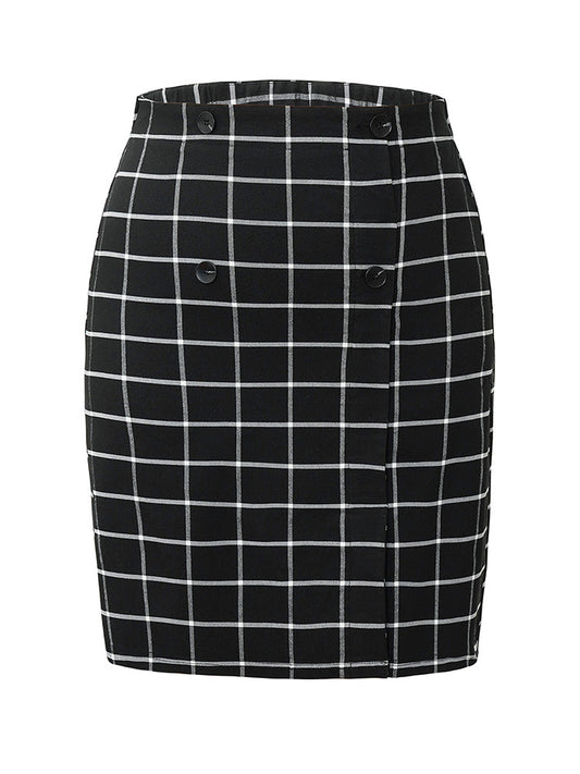 Plaid Button Detail Elastic Waist Skirt